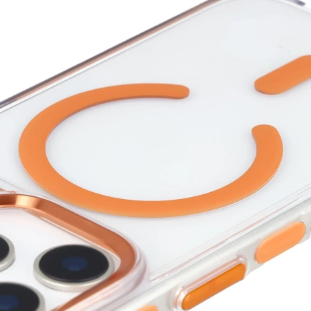 Etui z pierścieniem magnetycznym Bizon Case Marco do iPhone 17 Pro, przezroczyste z pomarańczową ramką