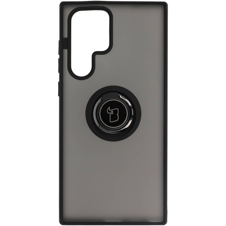 Etui z uchwytem na palec Bizon Case Hybrid Ring do Galaxy S22 Ultra, przydymione z czarną ramką