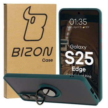 Etui z uchwytem na palec Bizon Case Hybrid Ring do Galaxy S25 Edge, przydymione z ciemnozieloną ramką