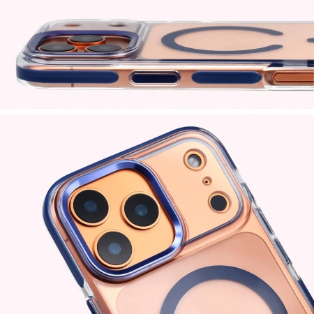 Etui z pierścieniem magnetycznym Bizon Case Marco do iPhone 17 Pro Max, przezroczyste z niebieską ramką