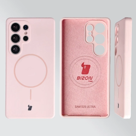 Silikonowe etui z pierścieniem magnetycznym Bizon Soft Case Magnetic do Galaxy S25 Ultra, jasnoróżowe