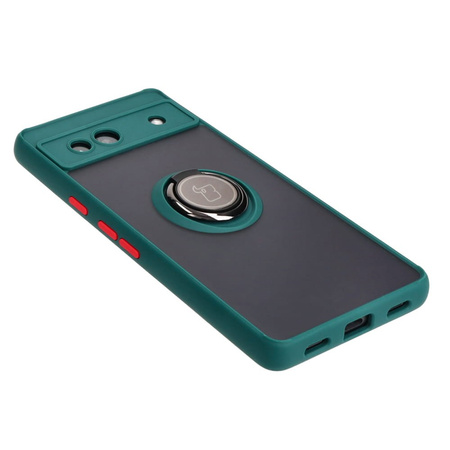 Etui z uchwytem na palec Bizon Case Hybrid Ring do Google Pixel 7A, przydymione z ciemnozieloną ramką