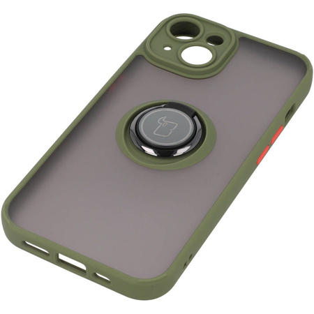Etui z uchwytem na palec Bizon Case Hybrid Ring do iPhone 14, przydymione z zieloną ramką
