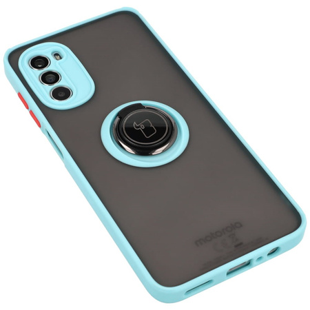 Etui z uchwytem na palec Bizon Case Hybrid Ring do Motorola Moto G52 / G82, przydymione z jasnoniebieską ramką