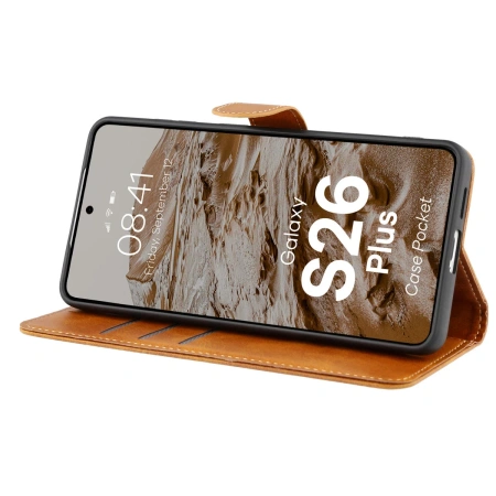 Etui z klapką Bizon Case Pocket do Galaxy S26 Plus, brązowe