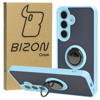 Etui z uchwytem na palec Bizon Case Hybrid Ring do Galaxy S24, przydymione z jasnoniebieską ramką