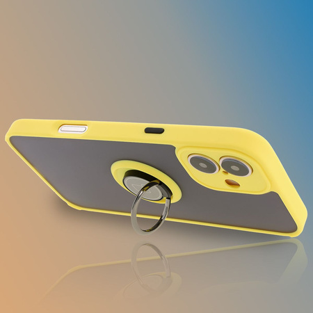Etui z uchwytem na palec Bizon Case Hybrid Ring do iPhone 16 Plus, przydymione z żółtą ramką