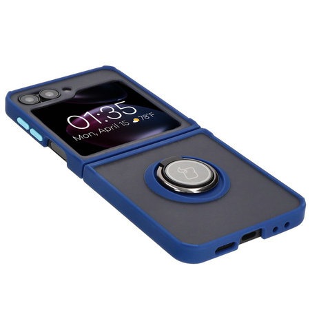 Etui z uchwytem na palec Bizon Case Hybrid Ring do Galaxy Z Flip6, przydymione z granatową ramką