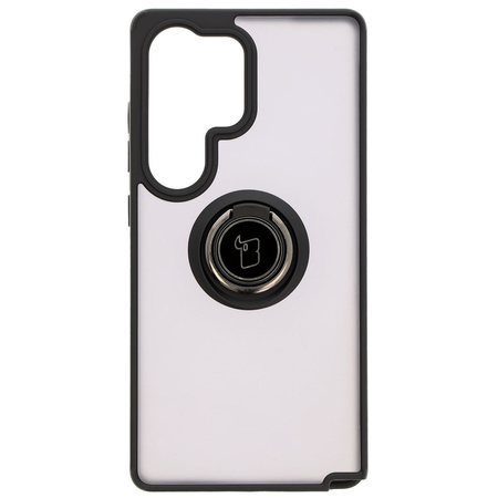 Etui z uchwytem na palec Bizon Case Hybrid Ring do Galaxy S25 Ultra, przydymione z czarną ramką