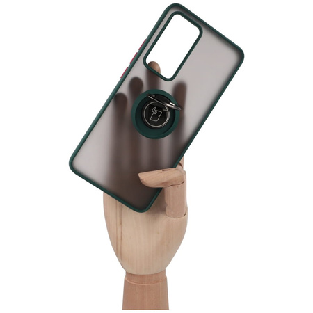 Etui z uchwytem na palec Bizon Case Hybrid Ring do Xiaomi 12T / 12T Pro, przydymione z ciemnozieloną ramką