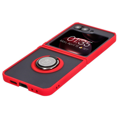 Etui z uchwytem na palec Bizon Case Hybrid Ring do Galaxy Z Flip6, przydymione z czerwoną ramką