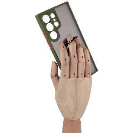 Etui z uchwytem na palec Bizon Case Hybrid Ring do Galaxy S23 Ultra, przydymione z zieloną ramką