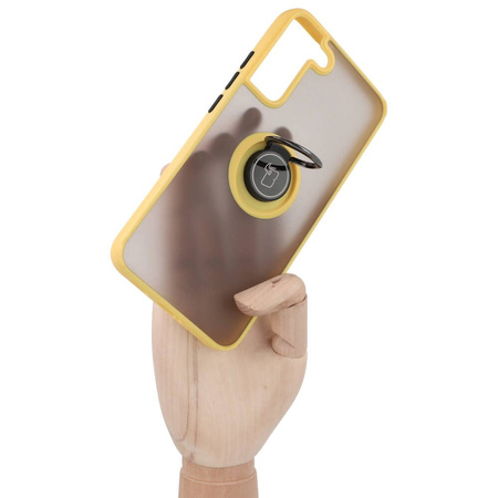 Etui z uchwytem na palec Bizon Case Hybrid Ring do Galaxy S22 Plus, przydymione z żółtą ramką