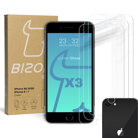 3x Szkło hartowane + szybka na aparat Bizon Glass Clear Pack do iPhone SE 2022/2020,  8/7