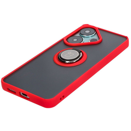 Etui z uchwytem na palec Bizon Case Hybrid Ring do Xiaomi Poco F6, przydymione z czerwoną ramką