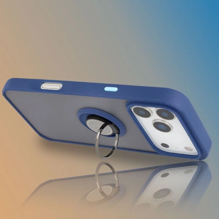 Etui z uchwytem na palec Bizon Case Hybrid Ring do iPhone 17 Pro Max, przydymione z granatową ramką