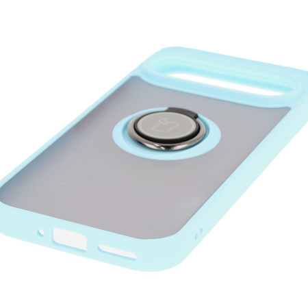 Etui z uchwytem na palec Bizon Case Hybrid Ring do Google Pixel 9 / 9 Pro, przydymione z jasnoniebieską ramką