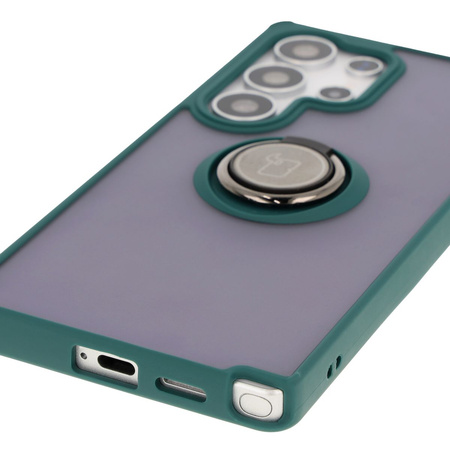 Etui z uchwytem na palec Bizon Case Hybrid Ring do Galaxy S25 Ultra, przydymione z ciemnozieloną ramką
