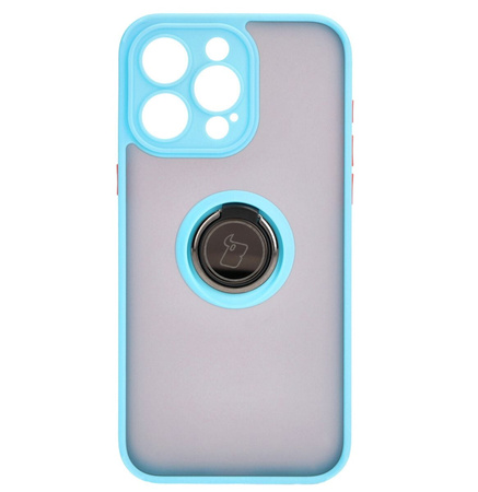 Etui z uchwytem na palec Bizon Case Hybrid Ring do iPhone 15 Pro Max, przydymione z jasnoniebieską ramką