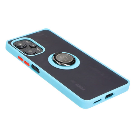 Etui z uchwytem na palec Bizon Case Hybrid Ring do Xiaomi Poco F5, przydymione z jasnoniebieską ramką