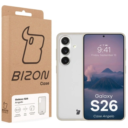 Etui Bizon Case Angelo do Galaxy S26, półprzezroczyste z beżową ramką