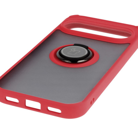 Etui z uchwytem na palec Bizon Case Hybrid Ring do Google Pixel 10 / 10 Pro, przydymione z czerwoną ramką