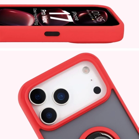 Etui z uchwytem na palec Bizon Case Hybrid Ring do iPhone 17 Pro Max, przydymione z czerwoną ramką