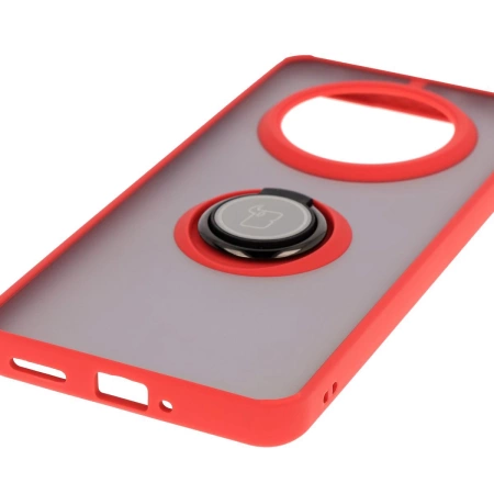 Etui z uchwytem na palec Bizon Case Hybrid Ring do Realme 14 Pro 5G, przydymione z czerwoną ramką