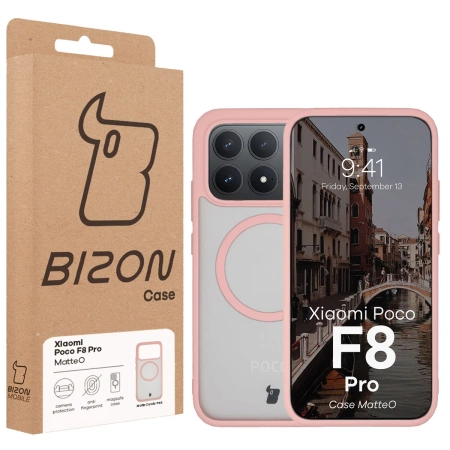Etui z pierścieniem magnetycznym Bizon Case MatteO do Xiaomi POCO F8 Pro, przydymione-jasnoróżowe