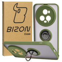 Etui z uchwytem na palec Bizon Case Hybrid Ring do Honor Magic5 Pro, przydymione z zieloną ramką