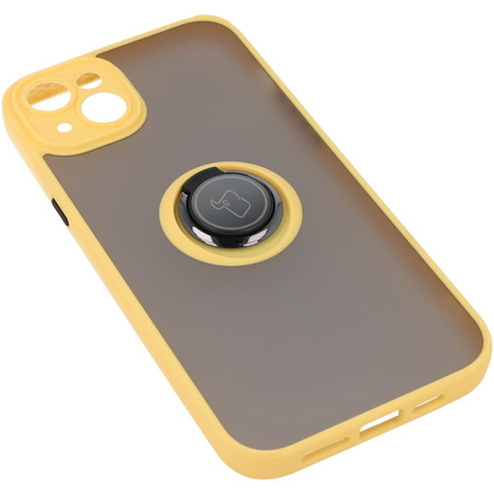 Etui z uchwytem na palec Bizon Case Hybrid Ring do iPhone 14 Plus, przydymione z żółtą ramką