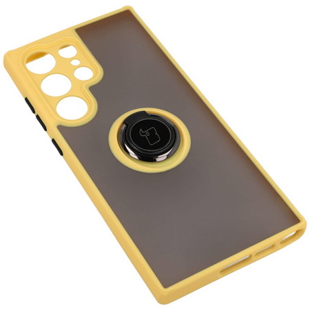 Etui z uchwytem na palec Bizon Case Hybrid Ring do Galaxy S23 Ultra, przydymione z żółtą ramką