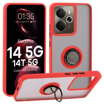 Etui z uchwytem na palec Bizon Case Hybrid Ring do Realme 14 5G / 14T 5G, przydymione z czerwoną ramką