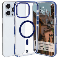 Etui z pierścieniem magnetycznym Bizon Case Marco do iPhone 16 Pro Max, przezroczyste z niebieską ramką
