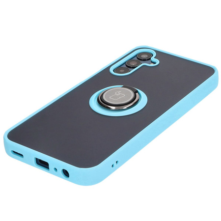Etui z uchwytem na palec Bizon Case Hybrid Ring do Galaxy M15 5G, przydymione z jasnoniebieską ramką