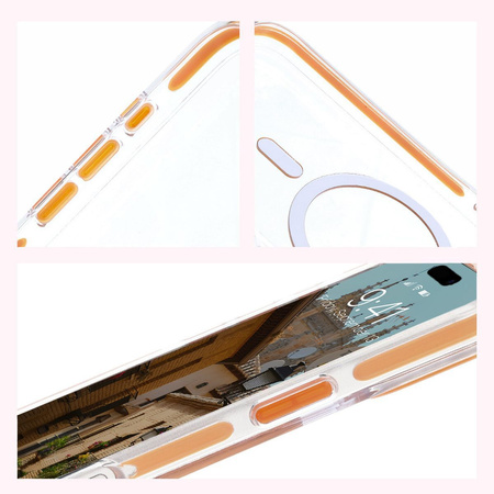 Etui z pierścieniem magnetycznym Bizon Case Marco do iPhone 16, przezroczyste z pomarańczową ramką
