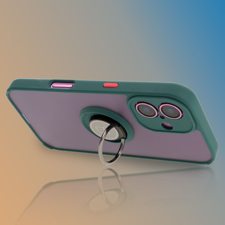 Etui z uchwytem na palec Bizon Case Hybrid Ring do iPhone 16, przydymione z ciemnozieloną ramką