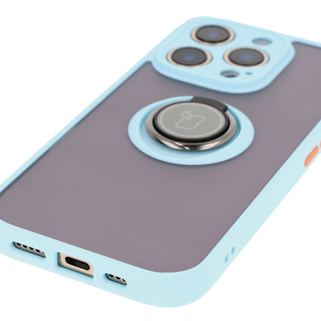 Etui z uchwytem na palec Bizon Case Hybrid Ring do iPhone 16 Pro, przydymione z jasnoniebieską ramką