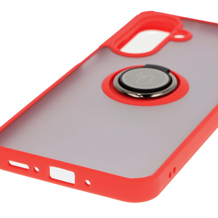 Etui z uchwytem na palec Bizon Case Hybrid Ring do Galaxy A26 5G, przydymione z czerwoną ramką