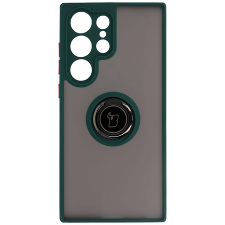 Etui z uchwytem na palec Bizon Case Hybrid Ring do Galaxy S23 Ultra, przydymione z ciemnozieloną ramką
