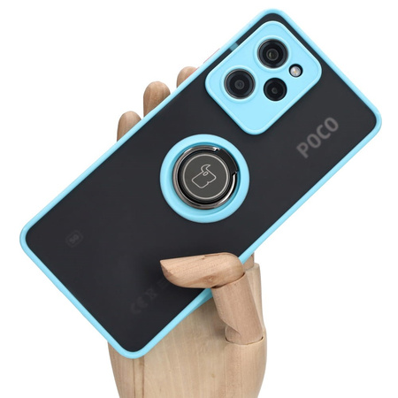 Etui z uchwytem na palec Bizon Case Hybrid Ring do Xiaomi Poco X5 Pro, przydymione z jasnoniebieską ramką