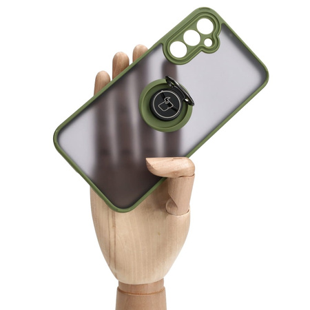 Etui z uchwytem na palec Bizon Case Hybrid Ring do Galaxy A24 4G, przydymione z zieloną ramką