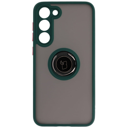 Etui z uchwytem na palec Bizon Case Hybrid Ring do Galaxy S23 Plus, przydymione z ciemnozieloną ramką