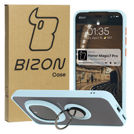 Etui z uchwytem na palec Bizon Case Hybrid Ring do Honor Magic7 Pro, przydymione z jasnoniebieską ramką