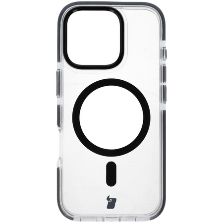Etui z pierścieniem magnetycznym Bizon Case Marco do iPhone 16 Pro, przezroczyste z czarną ramką