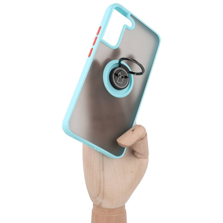 Etui z uchwytem na palec Bizon Case Hybrid Ring do Galaxy S22 Plus, przydymione z jasnoniebieską ramką