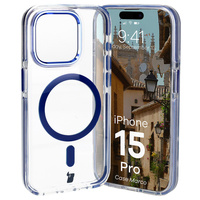Etui z pierścieniem magnetycznym Bizon Case Marco do iPhone 15 Pro, przezroczyste z niebieską ramką