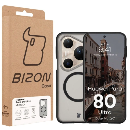 Etui z pierścieniem magnetycznym Bizon Case MatteO do Huawei Pura 80 Ultra, przydymione-czarne
