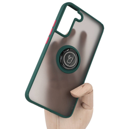 Etui z uchwytem na palec Bizon Case Hybrid Ring do Galaxy S22 Plus, przydymione z ciemnozieloną ramką