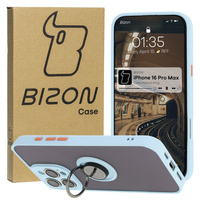 Etui z uchwytem na palec Bizon Case Hybrid Ring do iPhone 16 Pro Max, przydymione z jasnoniebieską ramką